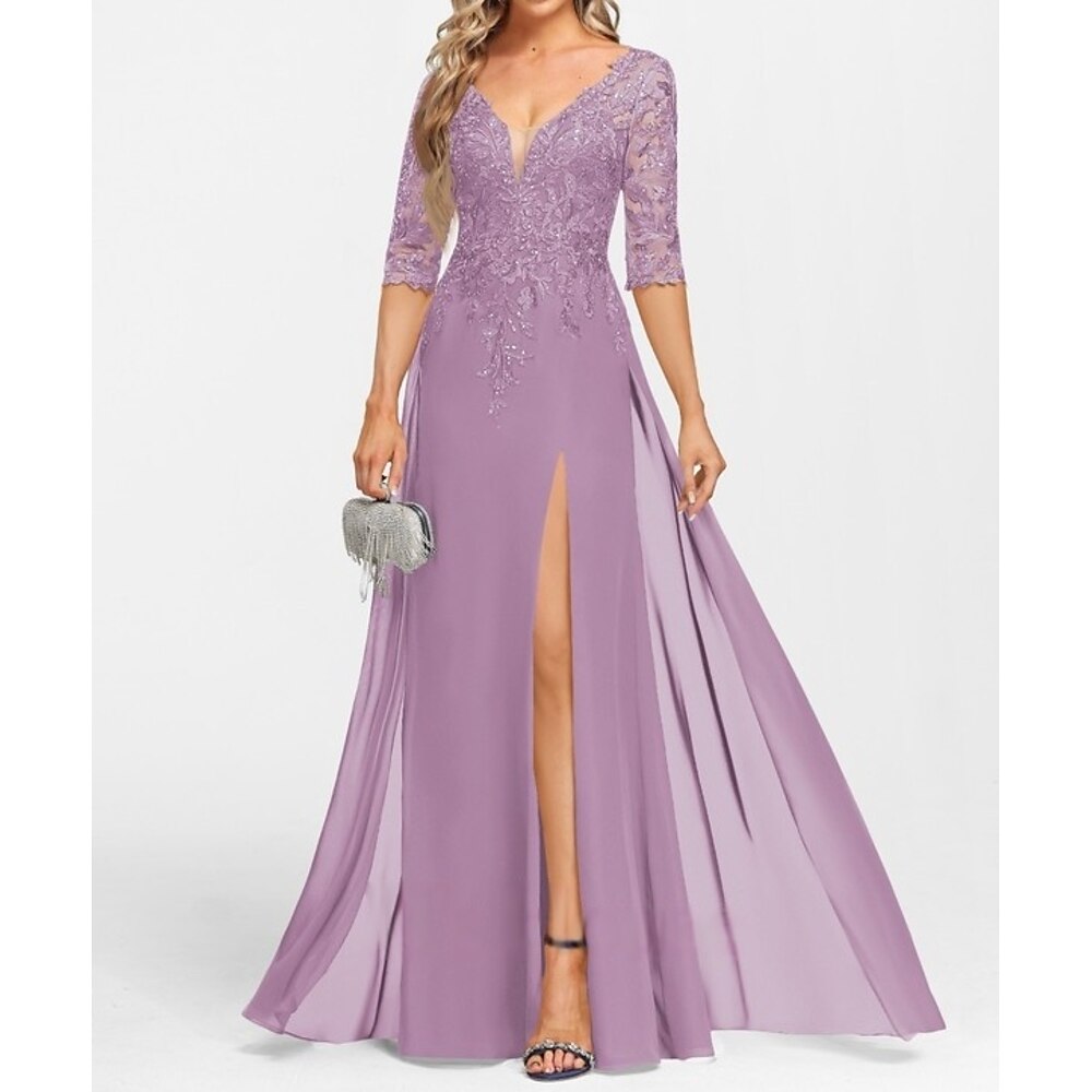 A-Linie Brautmutterkleid Hochzeitsgast Elegant V Ausschnitt Bodenlang Chiffon Halbarm mit Applikationen Geteilter Vorderteil 2025 Lightinthebox