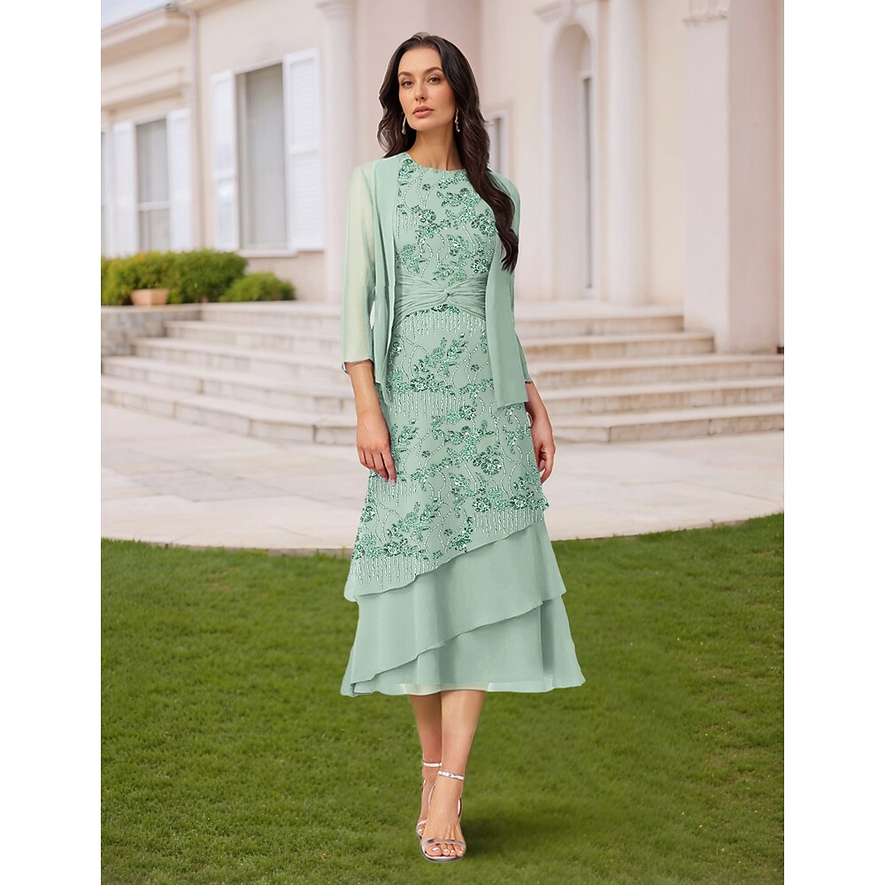 zweiteiliges Etuikleid/Säulenkleid für die Brautmutter mit Perlen, elegant, schlicht, funkelnd glänzende, knielange Spitzenjacke mit U-Ausschnitt, 3/4-Ärmeln und Rüschen 2025 Lightinthebox