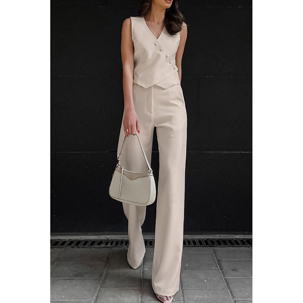 Damen Aktiv Basic Bluse Hosen-Sets Ärmellos V Ausschnitt Einfarbig Ferien Alltagstauglich Schwarz Beige Sommer Normale Passform Lightinthebox