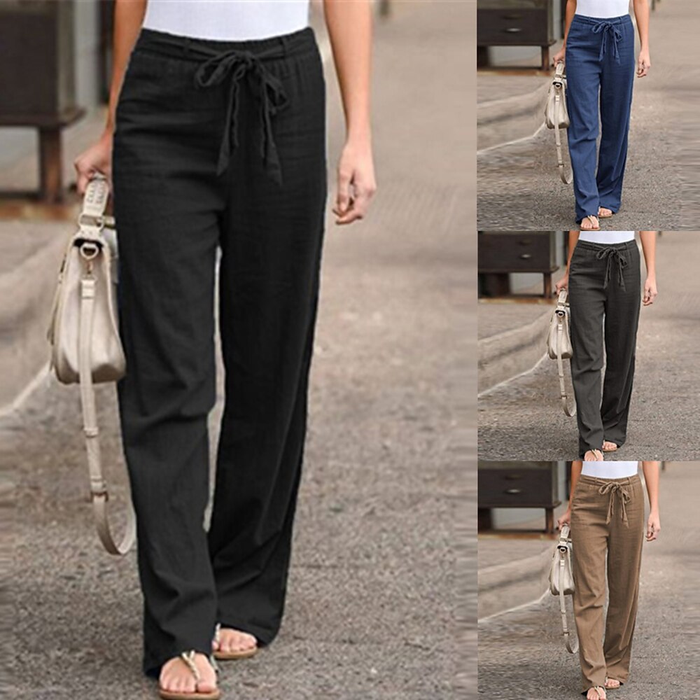 Damen Hose aus Baumwollleinen Stoffhosen Mode Streetwear Komfort Volle Länge Hohe Taille Einfach Elastisches Kordelzugdesign Bequem Straße Ausgehen Rubinrot Grau Schwarz Weiß Sommer Normale Passform Lightinthebox