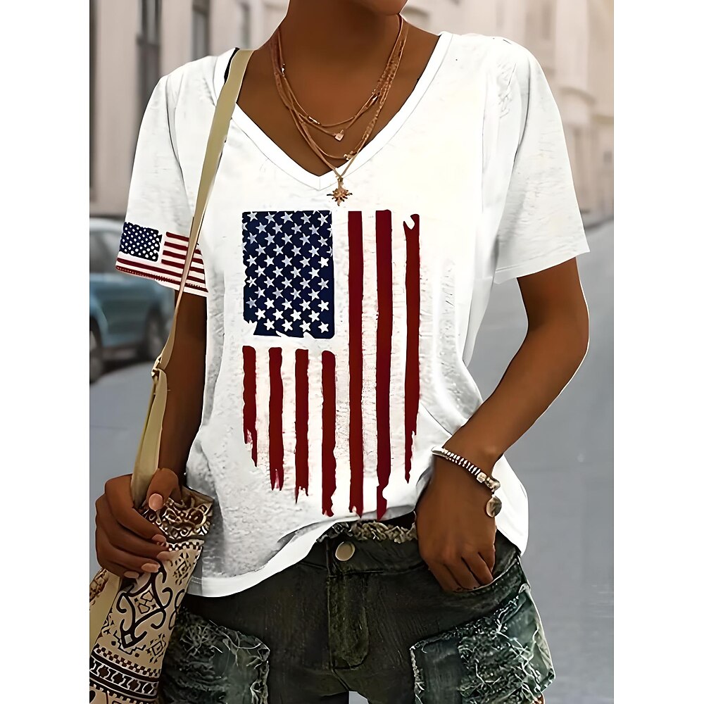 Amerikanischer Unabhängigkeitstag Damen T Shirt Flagge Amerikanische Flagge Nationalflagge Stilvoll Lässig Kurzarm V Ausschnitt Normale Oberteile Täglich Druck Weiß Sommer Frühling Lightinthebox