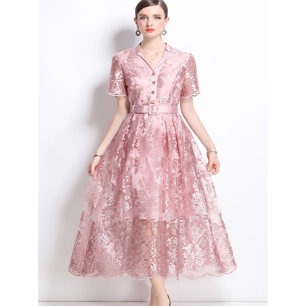 A-Linie Quinceanera-Kleider Elegant Kleid Hochzeit Hochzeitsgast Knöchellänge Kurzarm V Ausschnitt Polyester mit Stickerei 2025 Lightinthebox