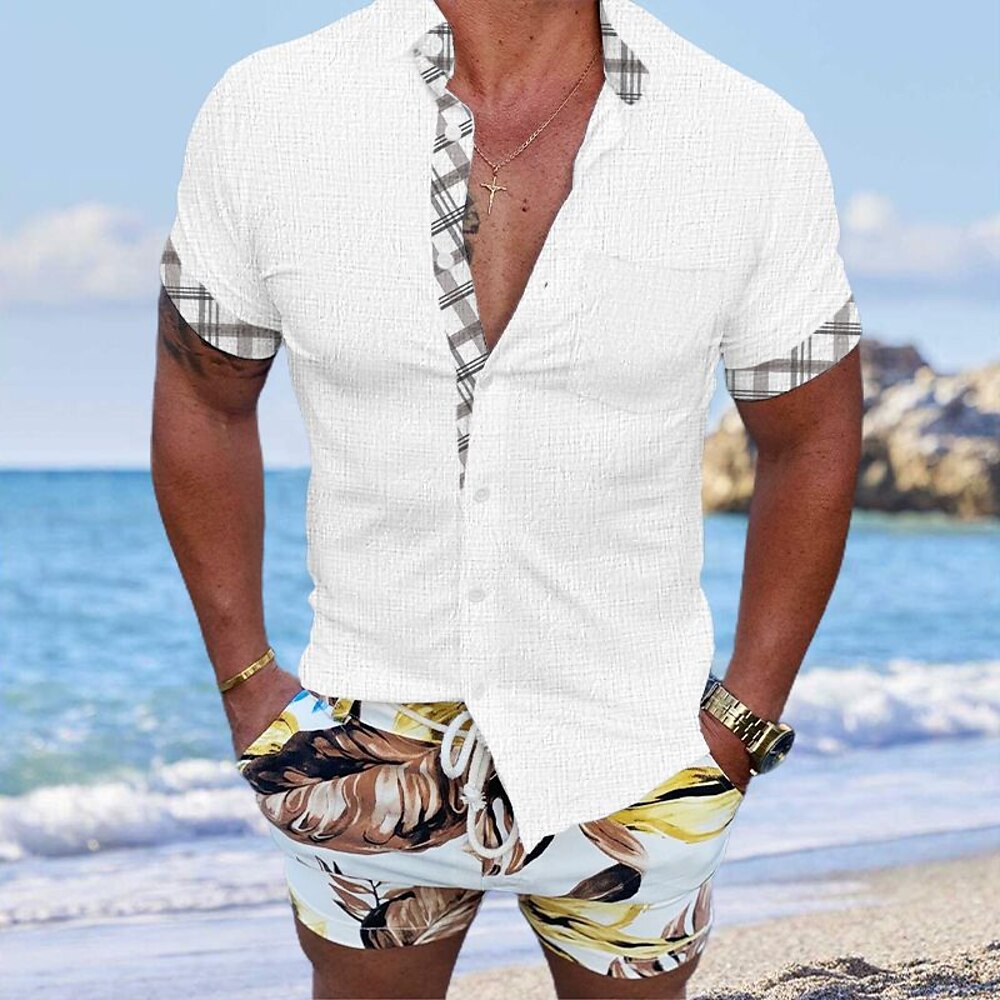 Herren Hemd Sommerhemd Freizeithemd Strandhemd Knopfhemd Weiß Blau Dunkelgrau Grau Kurzarm Druck Revers Urlaub Hawaiianisch Bekleidung Mode Lässig Bequem Lightinthebox