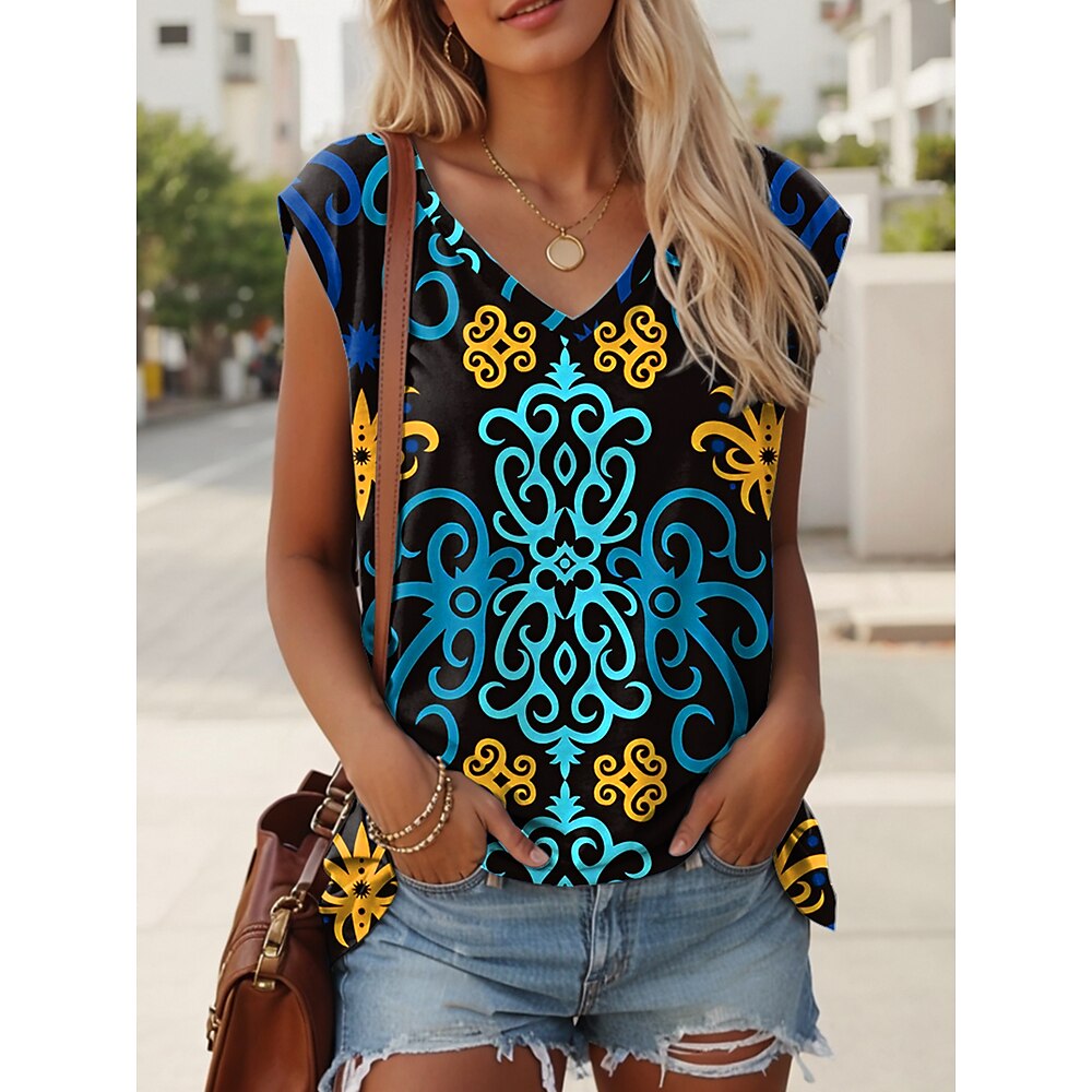Damen Camisole-Tanktop Grafik Geometrisch Vintage Lässig Ärmellos V Ausschnitt Normale Oberteile Täglich Druck Blau Sommer Lightinthebox