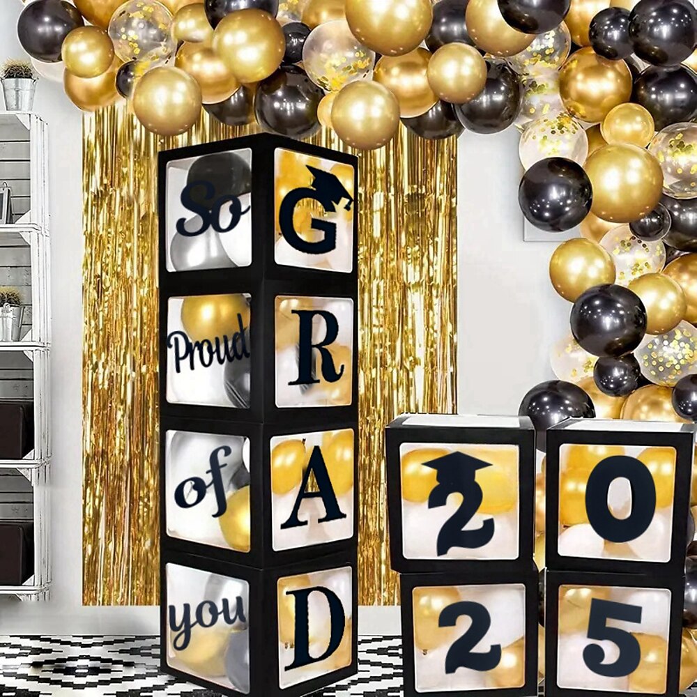 Abschlussdekorationen Klasse von 2025, 4 Stück schwarze Ballonboxen für die Abschlussfeier 2025 mit den Buchstaben „Grad", 2025 für Vorschule, Kindergarten, High School, College, Abschlussfeier, Lightinthebox