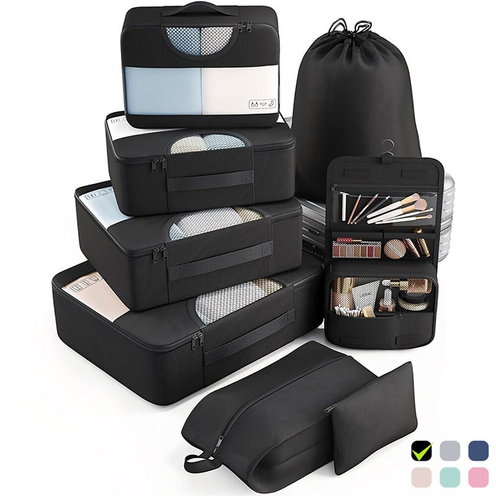 8er-Set Packwürfel für Reiseutensilien, Koffer-Organizer-Taschen-Set für Gepäck, Roadtrip-Reisezubehör in 4 Größen (extra groß, groß, mittel, klein), schwarz Lightinthebox