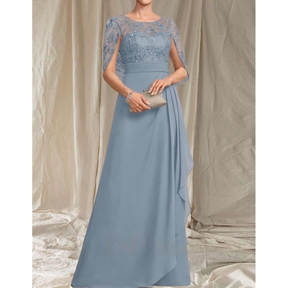 A-Linie Brautmutterkleid Hochzeitsgast Elegant Juwelenhals Bodenlang Chiffon Spitze Kurzarm mit Spitze Raffung 2025 Lightinthebox