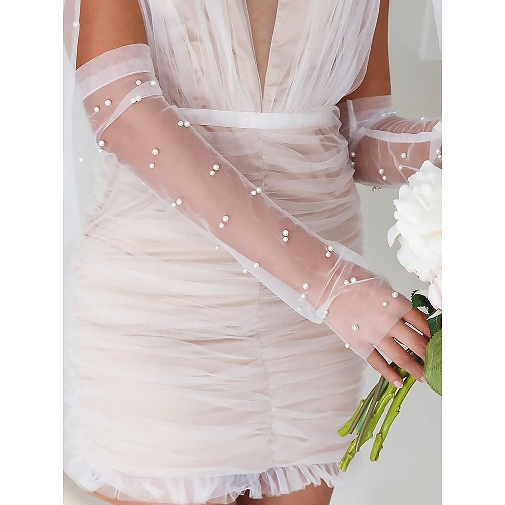 elegante Brauthandschuhe aus transparenten Perlen - lange Hochzeitshandschuhe aus Tüll für Damen, fingerlose Ärmel aus Vintage-Netz, Accessoire für formelle Partys und besondere Anlässe Lightinthebox