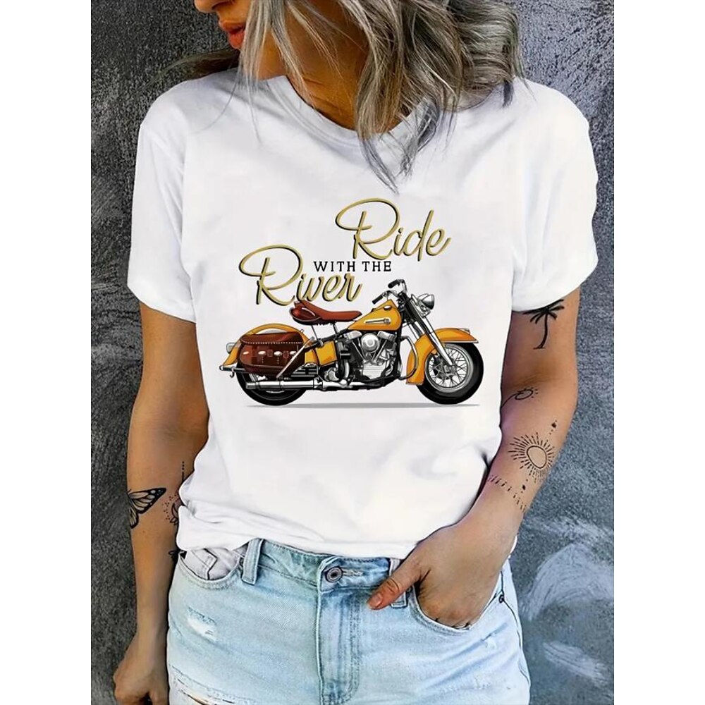 Damen T Shirt Grafik Buchstabe Stilvoll Lässig Kurzarm Rundhals Normale Oberteile Täglich Wochenende Druck Schwarz Weiß Sommer Frühling Motorcycle Lightinthebox