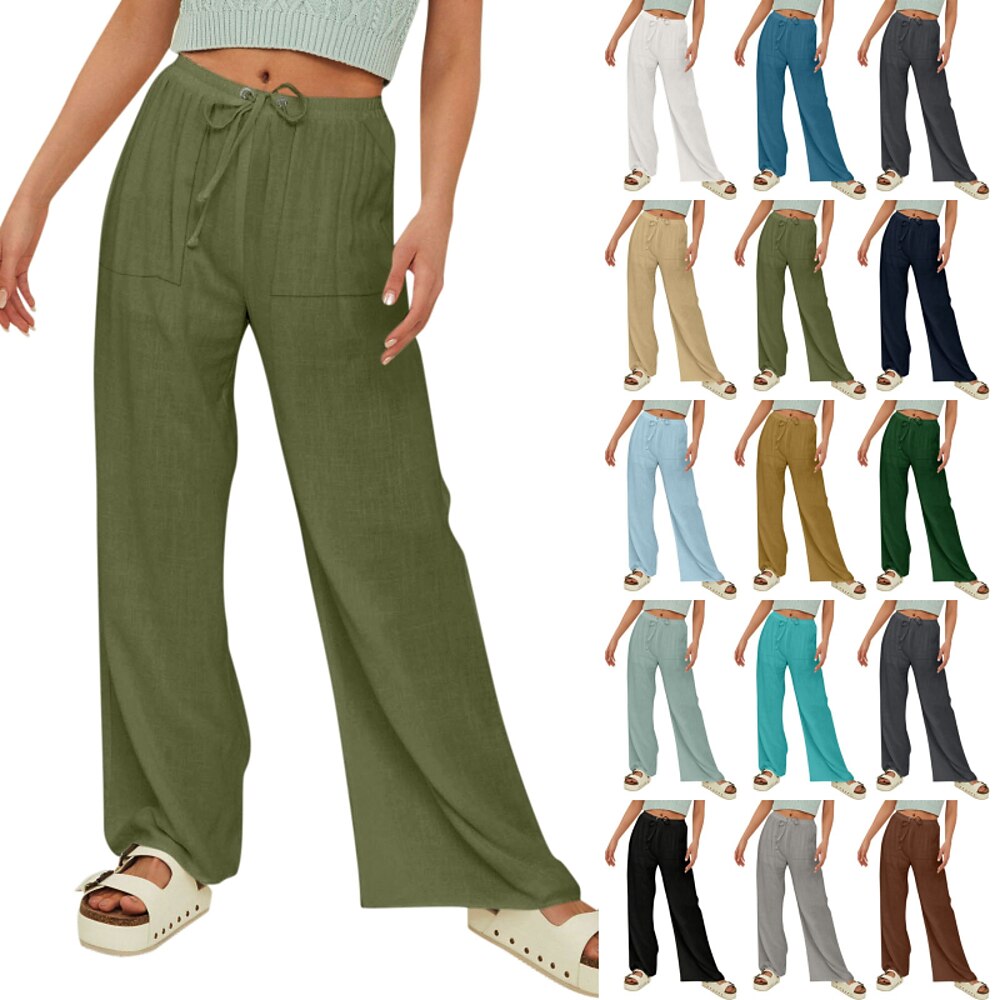 Damen Hose aus Baumwollleinen Stoffhosen Streetwear Lässig Volle Länge Natürliche Taille Einfach Tasche Elastisches Kordelzugdesign Bequem Außenbereich Straße Alltagskleidung Ausgehen Dunkelbraun Lightinthebox