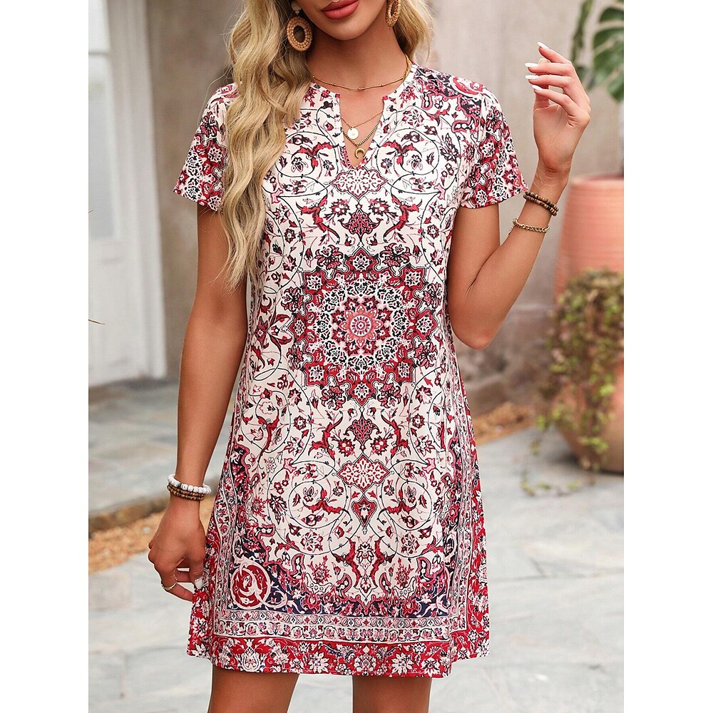 Damen Minikleid Shiftkleid Sommerkleid Lässig Täglich Normale Passform Grafik Stammes Kurzarm Einkerbiger Ausschnitt Rote Sommer Frühling Lightinthebox