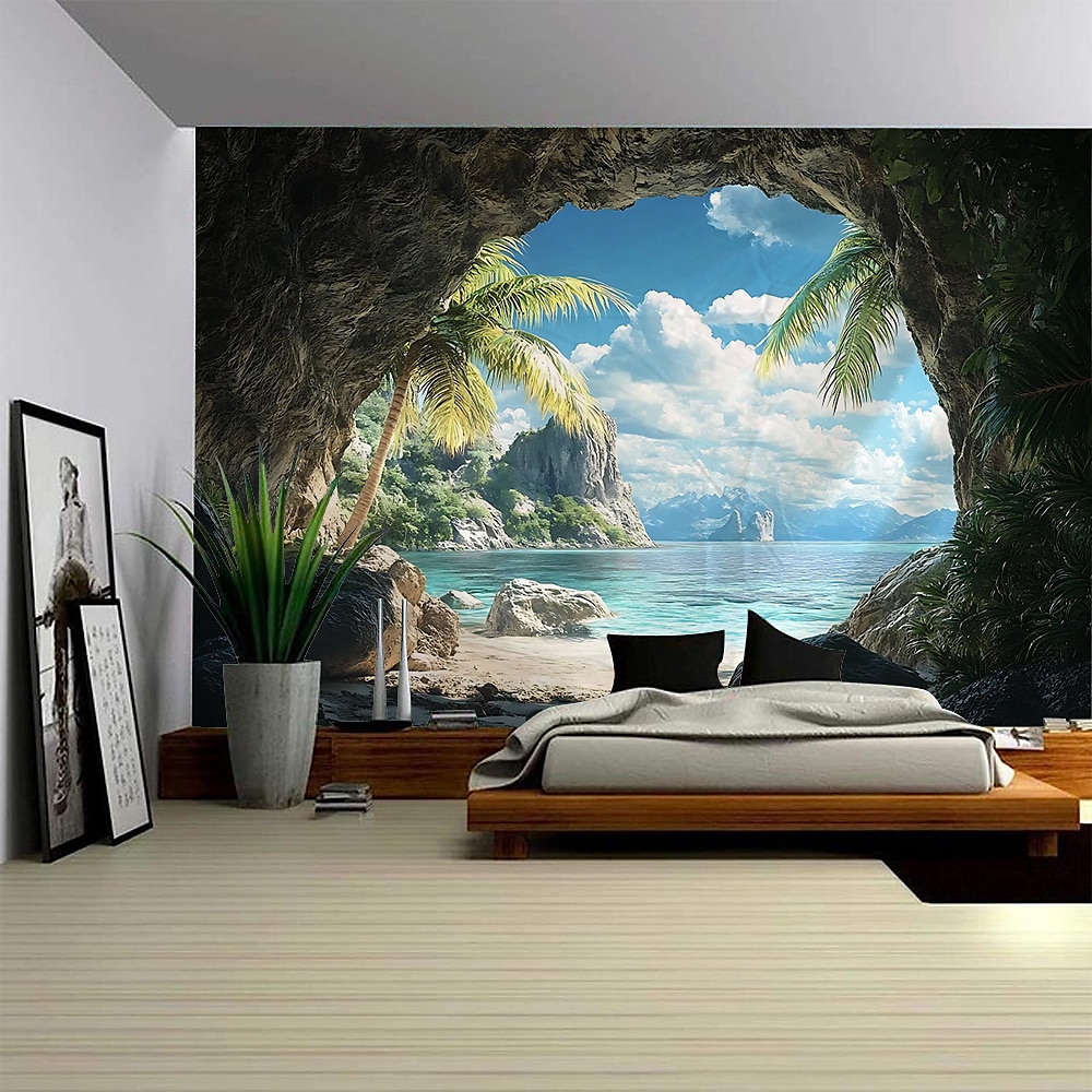 Eine Felsenhöhle mit Meerblick Wandteppich Wandkunst Großer Wandteppich Mural Deko Fotohintergrund Decke Vorhang Wohnen Schlafzimmer Wohnzimmer Deko Lightinthebox