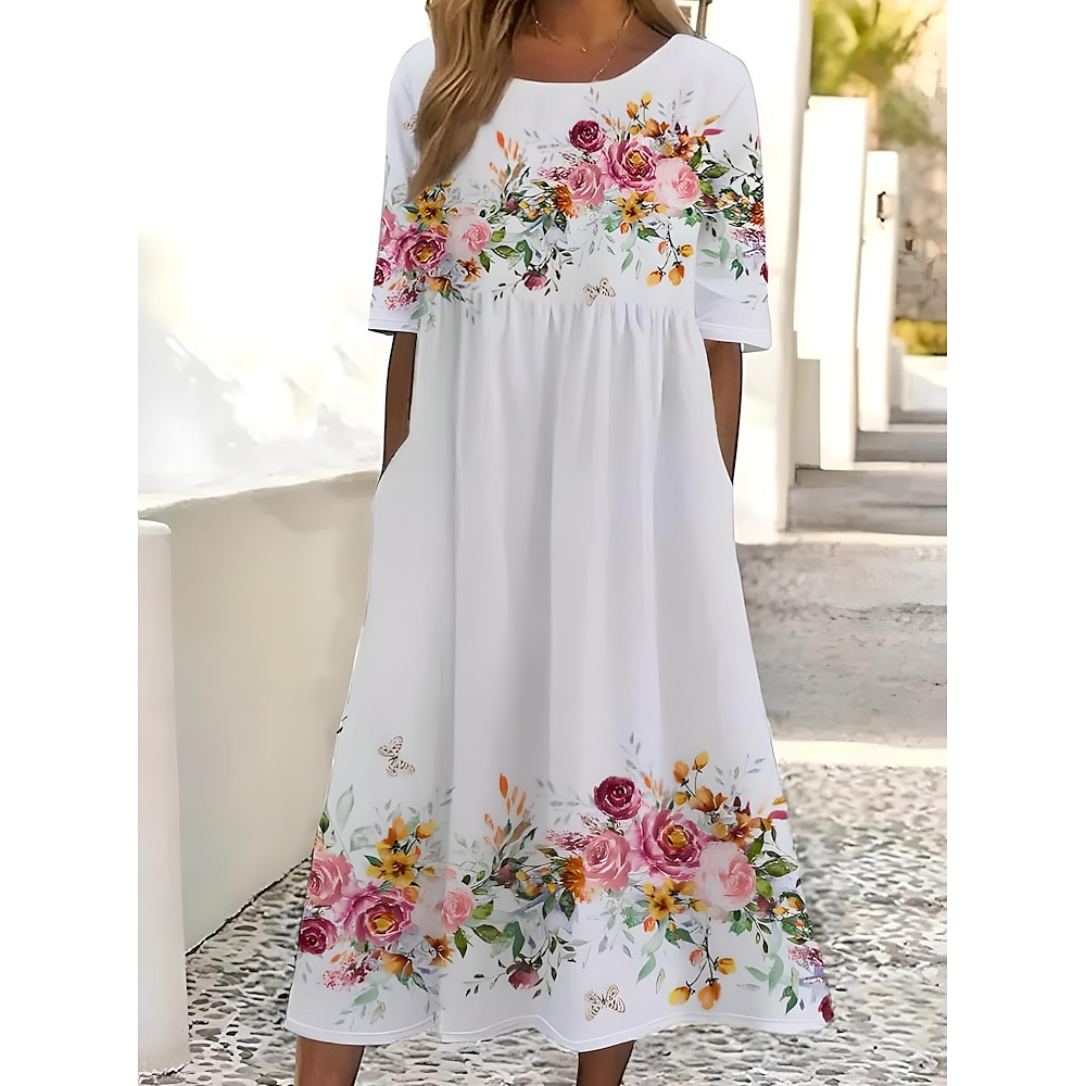 Damen Midikleid Sommerkleid Unterkleid Urlaub Lässig Strand Geburtstag Täglich Ferien Lässiger Schnitt Blumen Grafik Kurzarm Rundhalsausschnitt Weiß Sommer Lightinthebox