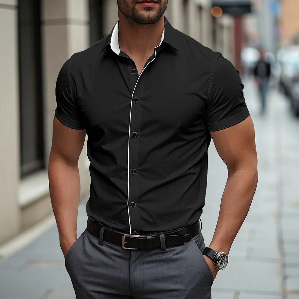 Herren Kleidhemd Bügelfreies Hemd Einfach Hochzeit Outdoor Hellblau Schwarz Weiß Himmelblau Kurzarm Kentkragen Sommer Frühling Bekleidung Lightinthebox