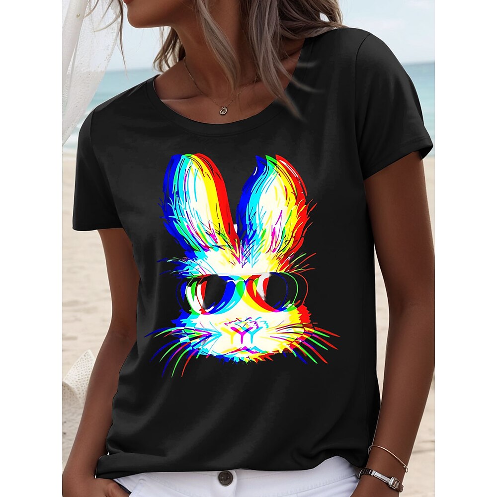 Ostern Damen T Shirt Grafik Tiermotiv Lässig Kurzarm Rundhals Normale Oberteile Täglich Druck Schwarz Weiß Rosa Sommer Lightinthebox