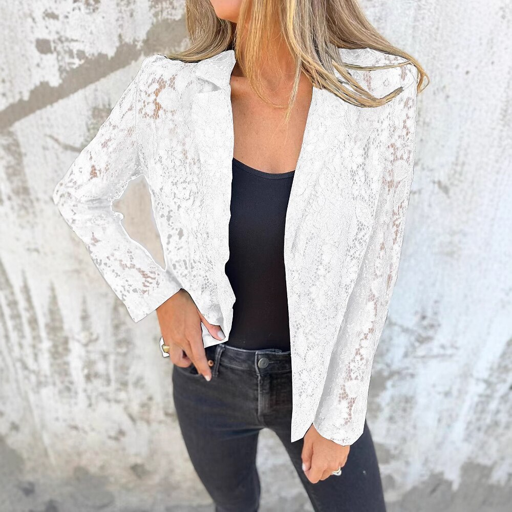 Damen Blazer Ausgehen Spitze Einfarbig Atmungsaktiv Klassicher Stil Normale Passform Oberbekleidung Langarm Sommer Schwarz S Lightinthebox