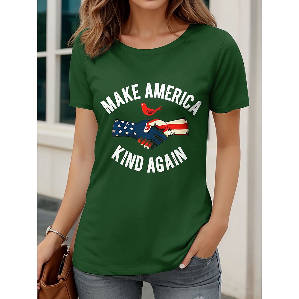 Damen T Shirt Grafik Flagge Buchstabe Lässig Kurzarm Rundhals Normale Oberteile Täglich Druck Schwarz Weiß Marineblau Grün Sommer Lightinthebox