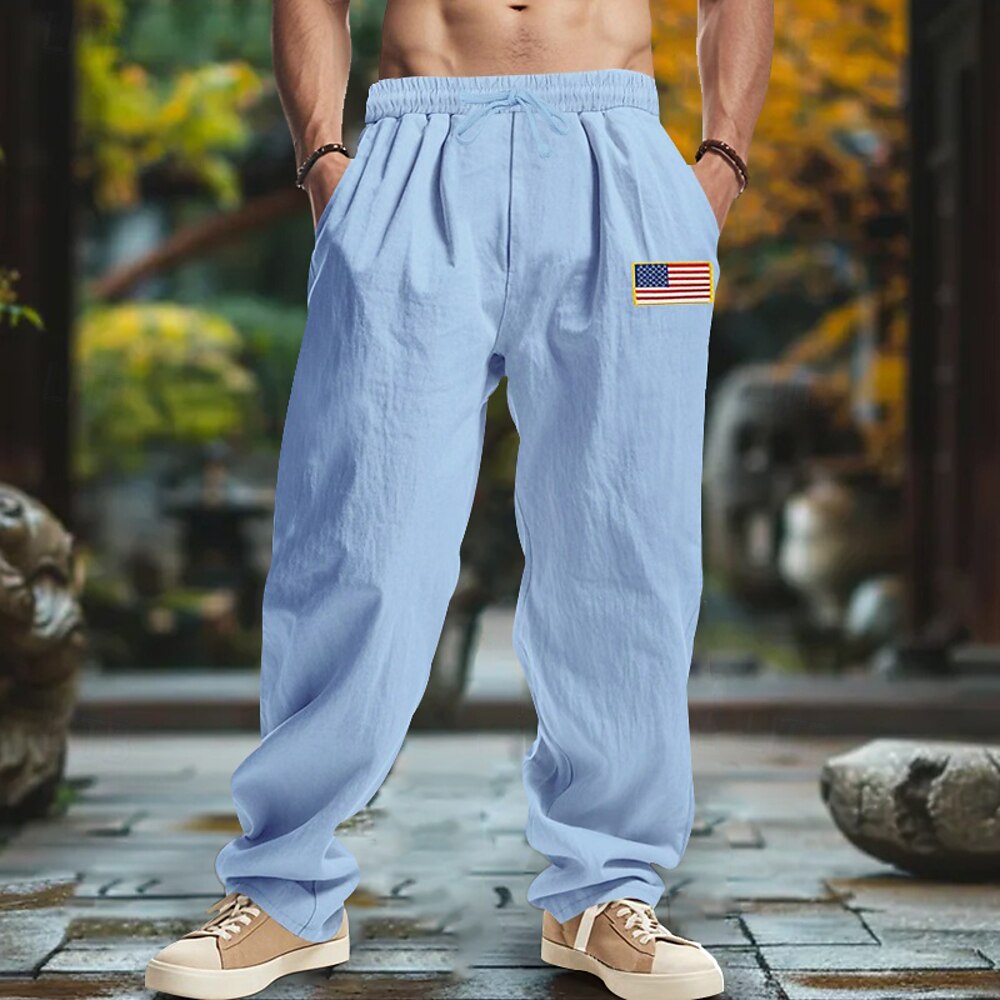 Herren Leinenhosen Hose Sommerhose Baggy-Hosen Strandhose Kordelzug Elastischer Bund Gerader Schnitt Einfach Komfort Atmungsaktiv Volle Länge Outdoor Lässig Täglich Mode Retro Vintage Schwarz Lightinthebox