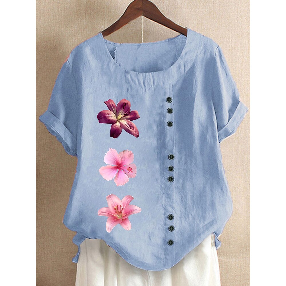 Damen Bluse aus Baumwolle und Leinen mit Blumenmuster, Grafik, Vintage, lässig, kurzärmlig, Rundhalsausschnitt, normale Oberteile, Alltag, Ausgehen, Knöpfe, Druck, Grasgrün, Weiß, Rosa, Blau, Sommer, Lightinthebox