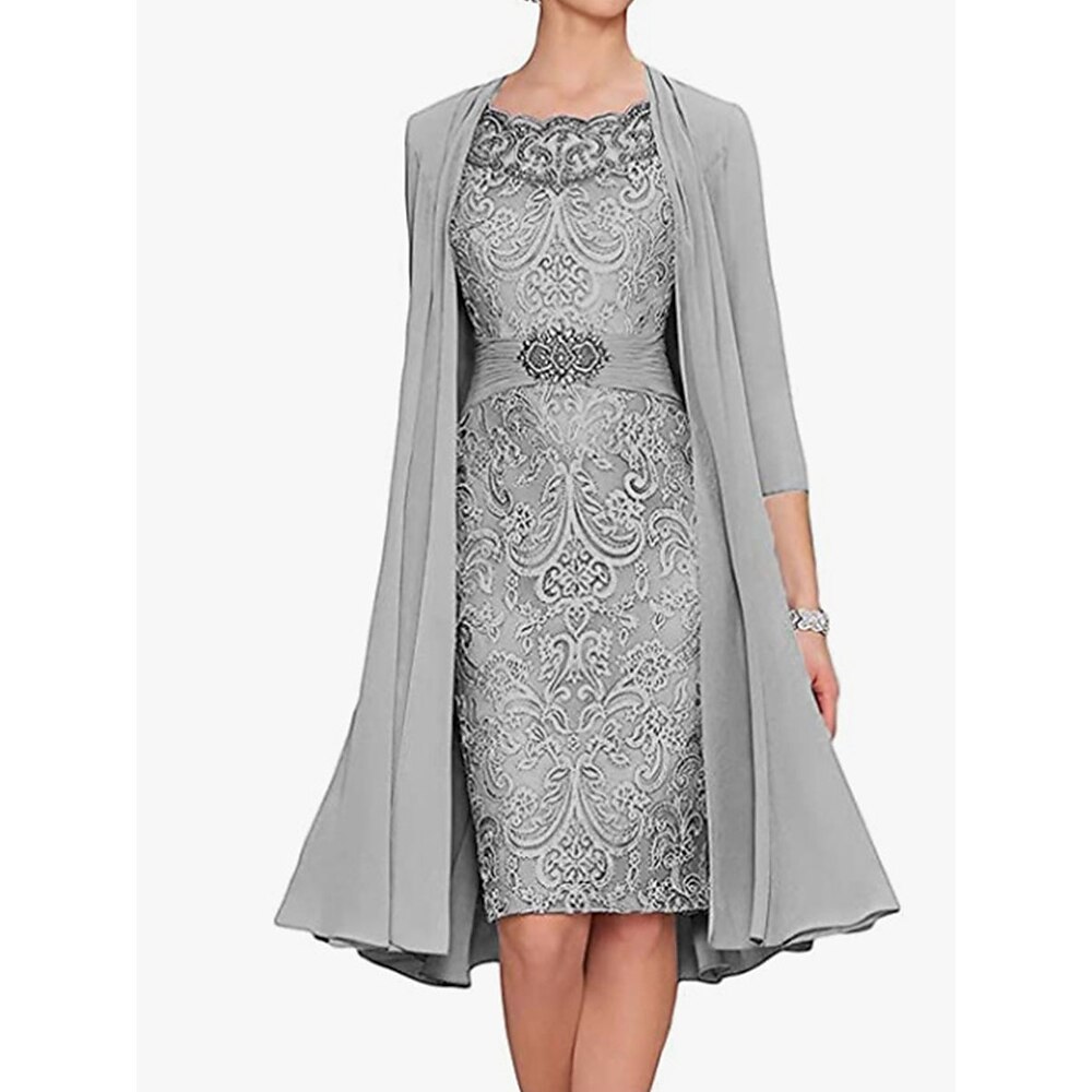 Kleid-Sets Brautmutterkleid Elegant Einfach Rundhalsausschnitt Knielang Polyester Langarm mit Einfarbig 2025 Lightinthebox