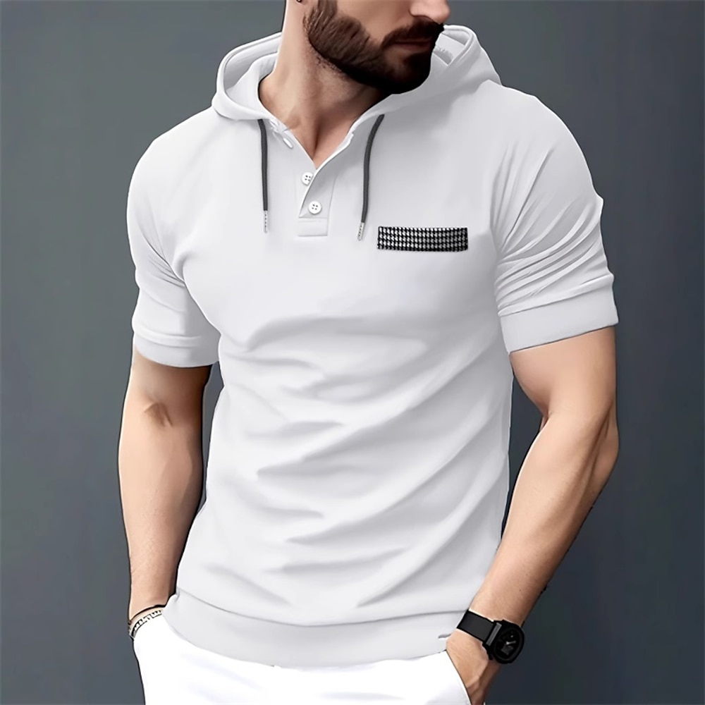 Herren T Shirt Henley Hemd T-Shirt Kurzarmshirt Kurzarm Mit Kapuze Sommer Einfarbig Mode Designer Mode Urlaub Straße Ausgehen Schwarz Weiß Dunkelmarine Top T-Shirt für Herren Lightinthebox