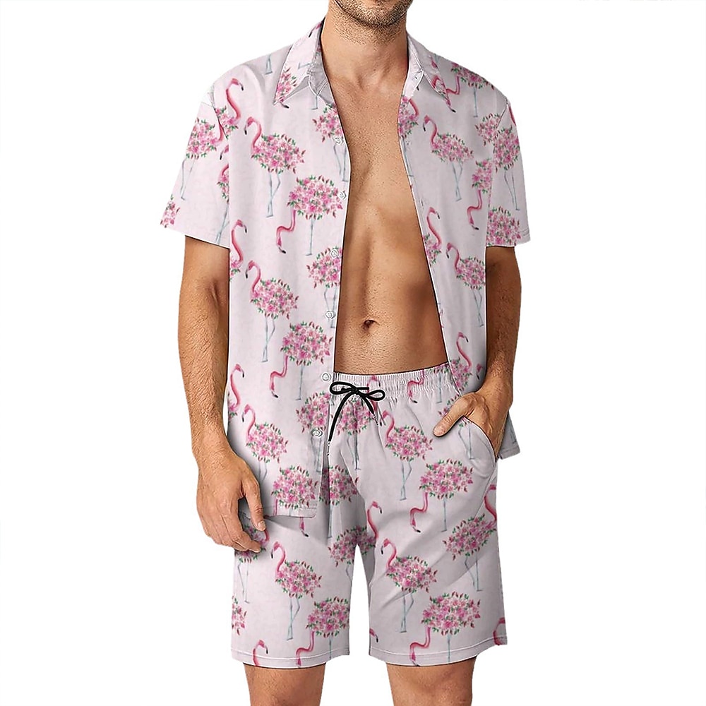 Herren Tiermotiv 2St Hemden-Sets Sommeroberteile Kurzarm Kurze Hosen Umlegekragen Urlaub Outdoor Lässig Urlaubskleidung 3D-Druck Rosa Lightinthebox