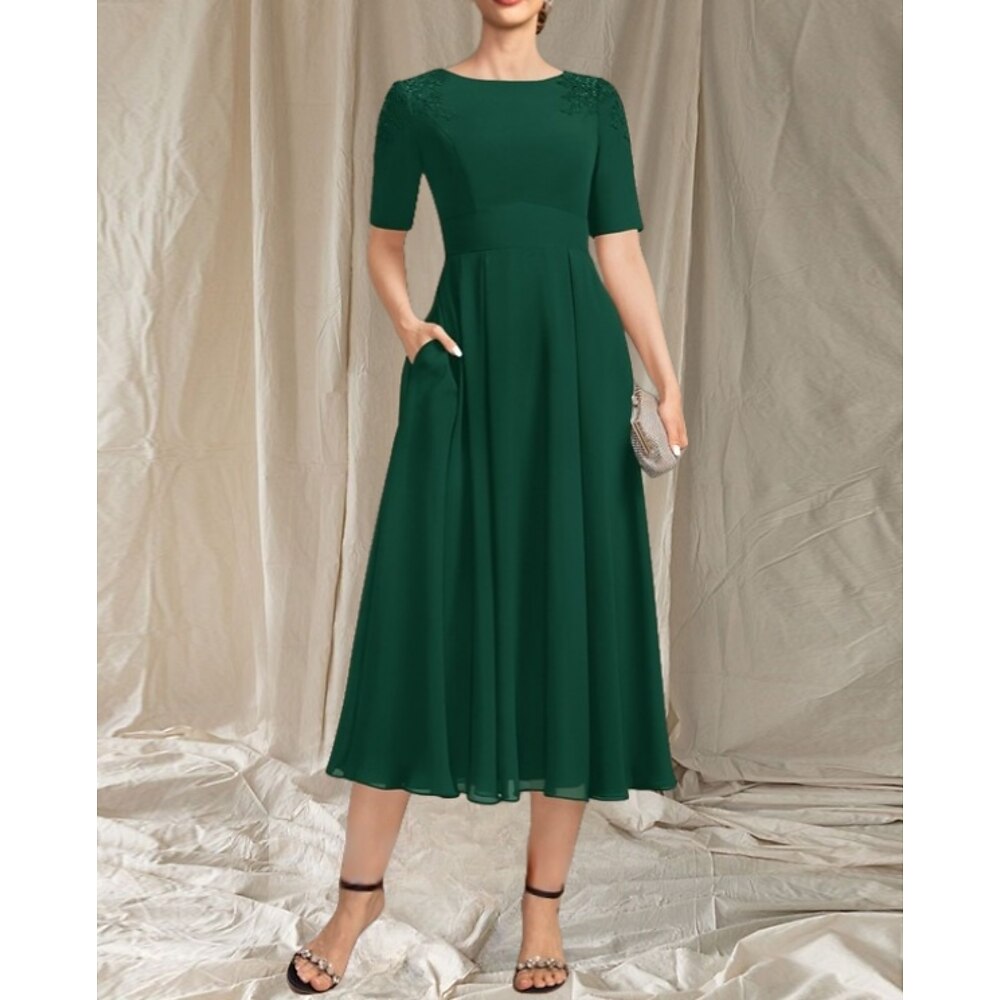 A-Linie Brautmutterkleid Hochzeitsgast Elegant Rundhalsausschnitt Tee-Länge Chiffon Kurzarm mit Perlenstickerei Applikationen 2025 Lightinthebox