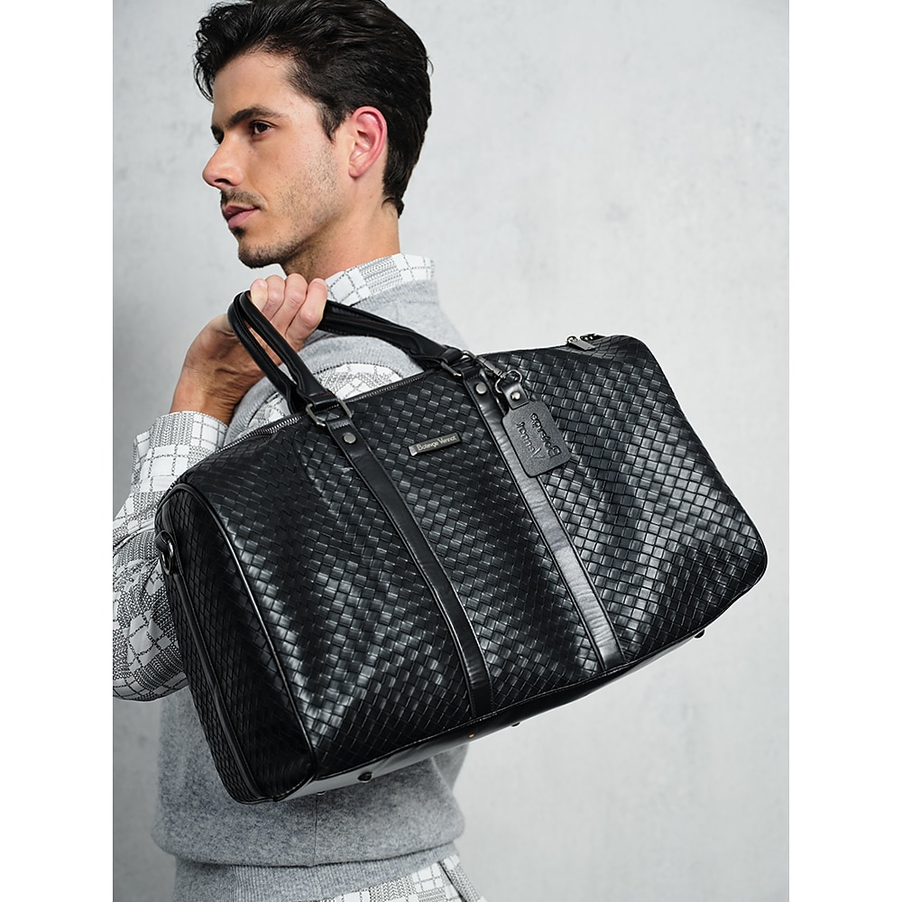 Reisetasche aus schwarzem gewebtem Leder für Herren - stylische Weekender-Reisetasche, große Reisetasche, Luxushandtasche für Business Fitnessstudio Lightinthebox
