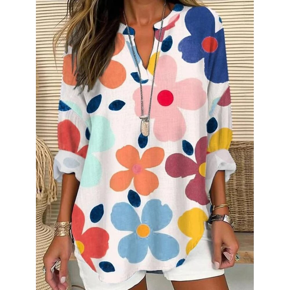 Damen Bluse Blumen Grafik Vintage Täglich Langarm V Ausschnitt Normale Oberteile Täglich Ferien Strandbekleidung Druck Weiß Purpur Sommer Frühling Lightinthebox