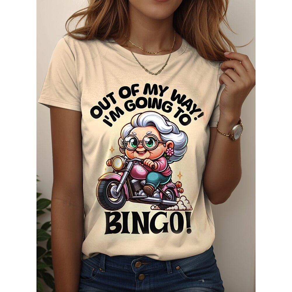 Damen T Shirt Grafik Cartoon Buchstabe Stilvoll Lässig Kurzarm Rundhalsausschnitt Rundhals Normale Oberteile Täglich Wochenende Druck Weiß Gelb Rosa Grün Sommer Frühling Grandmas Motorcycle Lightinthebox