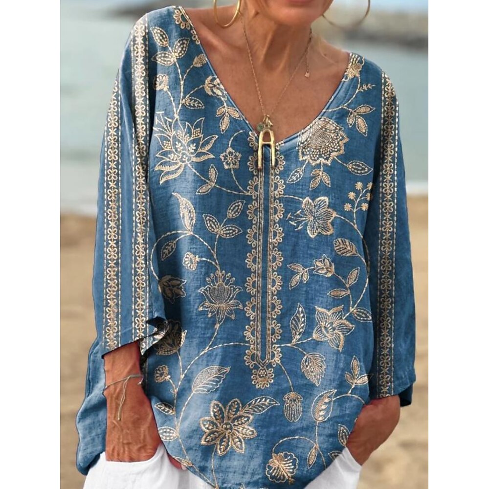Damen Bluse Blumen Grafik Stilvoll Ethnisch Strand Dreiviertelarm V Ausschnitt Normale Oberteile Täglich Ferien Druck Blau Grau Sommer Frühling Lightinthebox