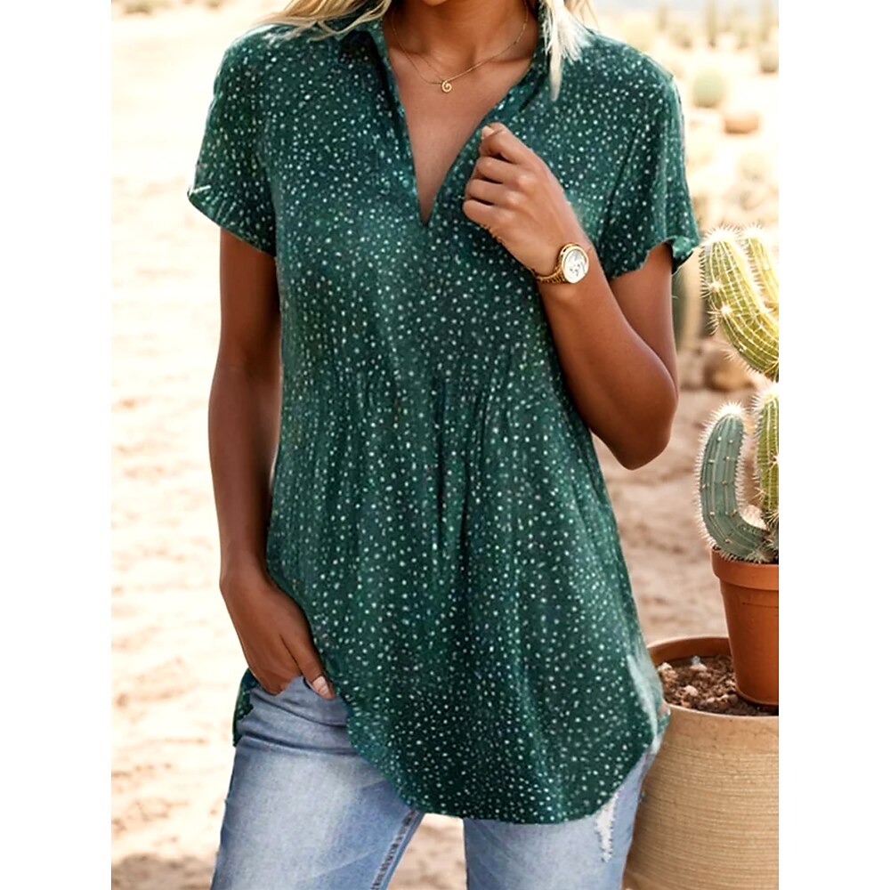 Damen Hemd Grafik Tupfen Bohemien Vintage Täglich Kurzarm Flattrige Ärmel Hemdkragen Normale Oberteile Täglich Druck Grün Sommer Lightinthebox