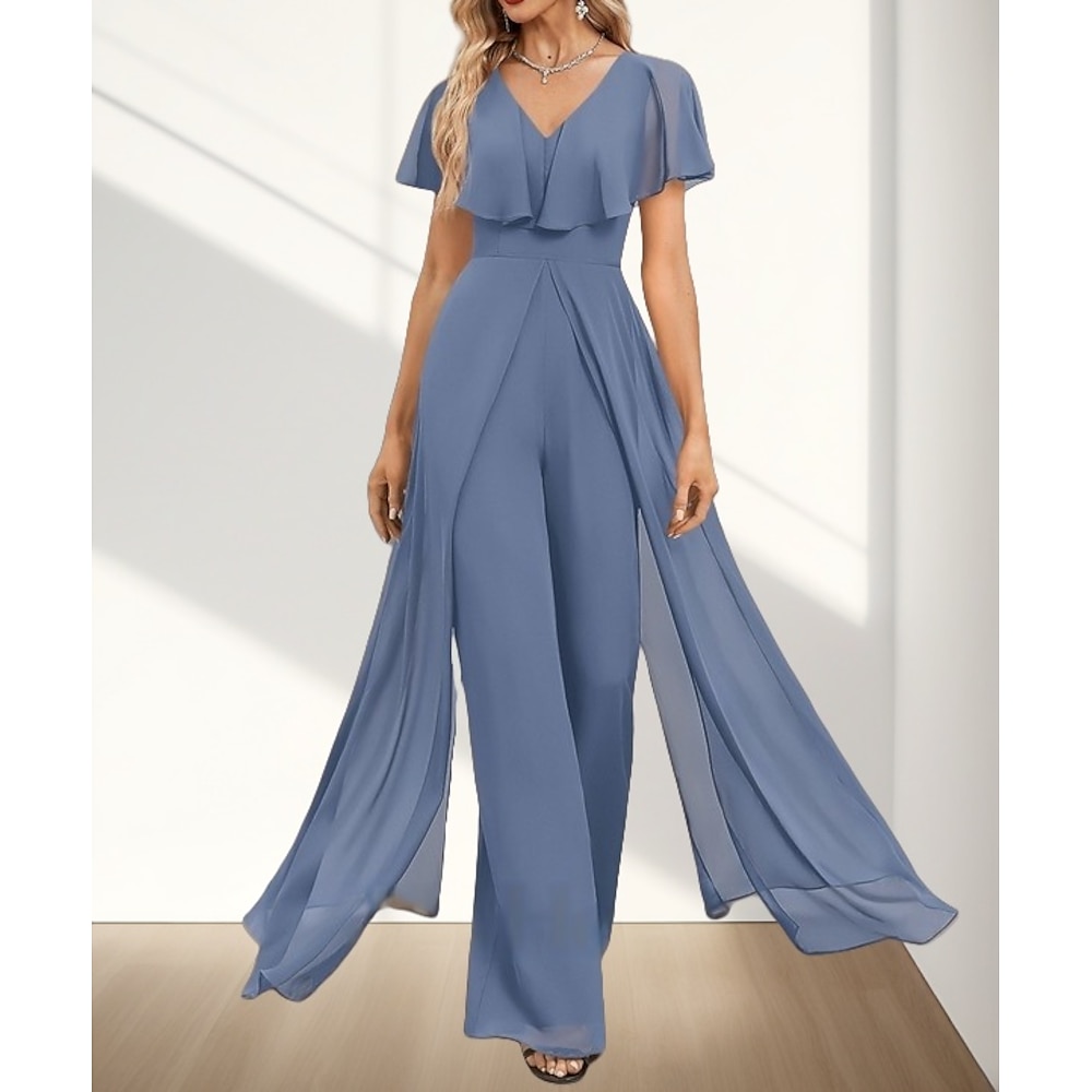 Overall / Hosenanzug Brautmutterkleid Hochzeitsgast Elegant V Ausschnitt Bodenlang Chiffon Kurzarm mit Rüschen Seitlich drapiert 2025 Lightinthebox