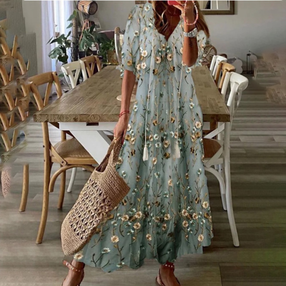 Damen Midikleid Kleid drucken Klassisch Outdoor Urlaub Ausgehen Regular Fit Gestreift Blume Kurzarm V Ausschnitt Marineblau Grau Sommer Lightinthebox