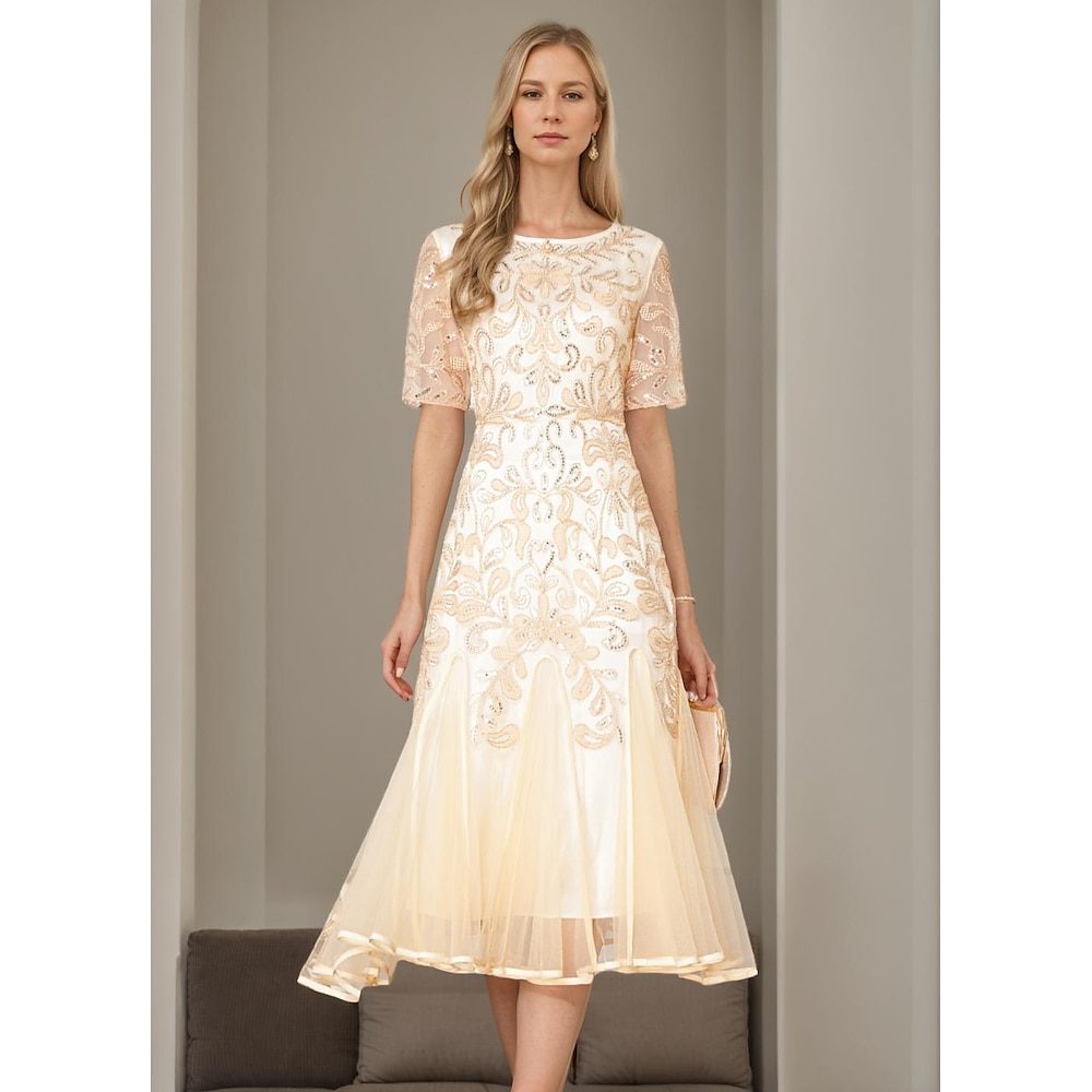 A-Linien-Kleid, Derby-Kleid für die Mutter der Braut, elegantes Vintage-Partykleid mit V-Ausschnitt, bodenlange Spitze, Perlen, Pailletten, Spitze, kurze Ärmel mit Schlag 2025 Lightinthebox