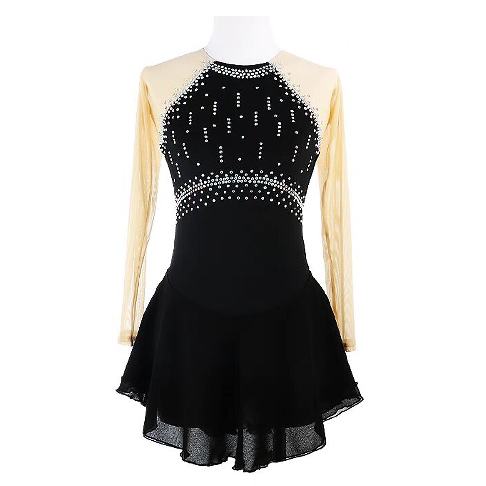 Eiskunstlaufkleid Damen Mädchen Eislaufen Kleid Schwarz Patchwork Daumenloch Netzstoff Spandex Dehnbar Training Übung Professionell Eiskunstlaufkleidung Thermowarm Kristall / Strass Langarm Eislaufen Lightinthebox