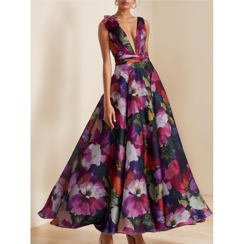 A-Linie Abendkleid Elegant Kleid Formell Hochzeit Bodenlang Ärmellos V Ausschnitt Organza mit Blumenmuster Schulterblume 2025 Lightinthebox