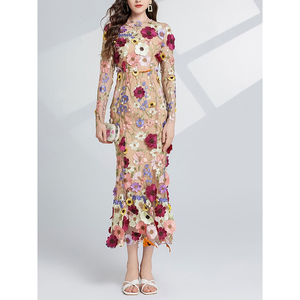 Meerjungfrauenschnitt Partykleider Elegant Kleid Hochzeit Hochzeitsgast Tee-Länge Langarm Juwelenhals Tüll mit Stickerei 2025 Lightinthebox
