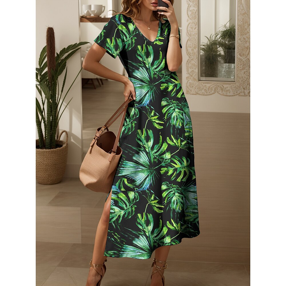 Damen Maxikleid Sommerkleid A Linie Kleid Urlaub Lässig Normale Passform Grafik Blatt Tropisch Kurzarm V Ausschnitt Grün Sommer Frühling Lightinthebox