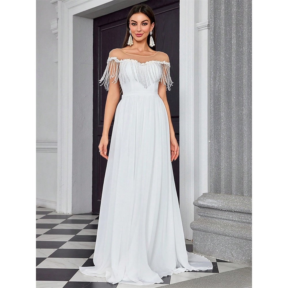 Hochzeitskleider Ballkleid Schulterfrei Ärmellos Bodenlange Schleppe Chiffon Brautkleider Mit Falten Einfarbig 2025 Lightinthebox