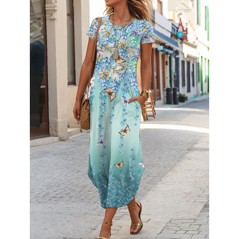 Damen Maxikleid T-Shirt-Kleid Sommerkleid Lässig Täglich Normale Passform Blumen Grafik Kurzarm Rundhalsausschnitt Blau Sommer Lightinthebox