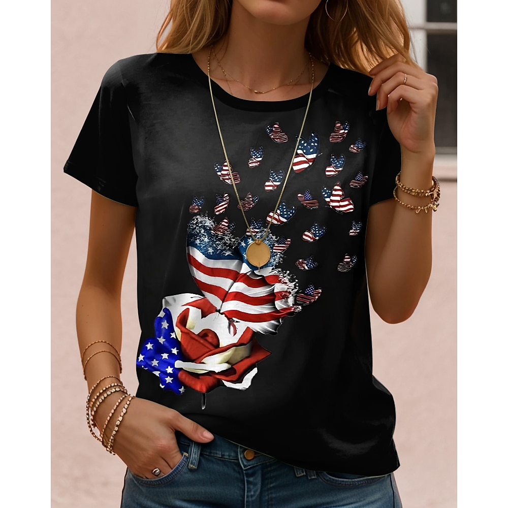 Damen T Shirt Blumen Schmetterling Amerikanische Flagge Brautkleider schlicht Kurzarm Rundhalsausschnitt Normale Oberteile Täglich Ausgehen Wochenende Bedruckt Schwarz Weiß Sommer Lightinthebox