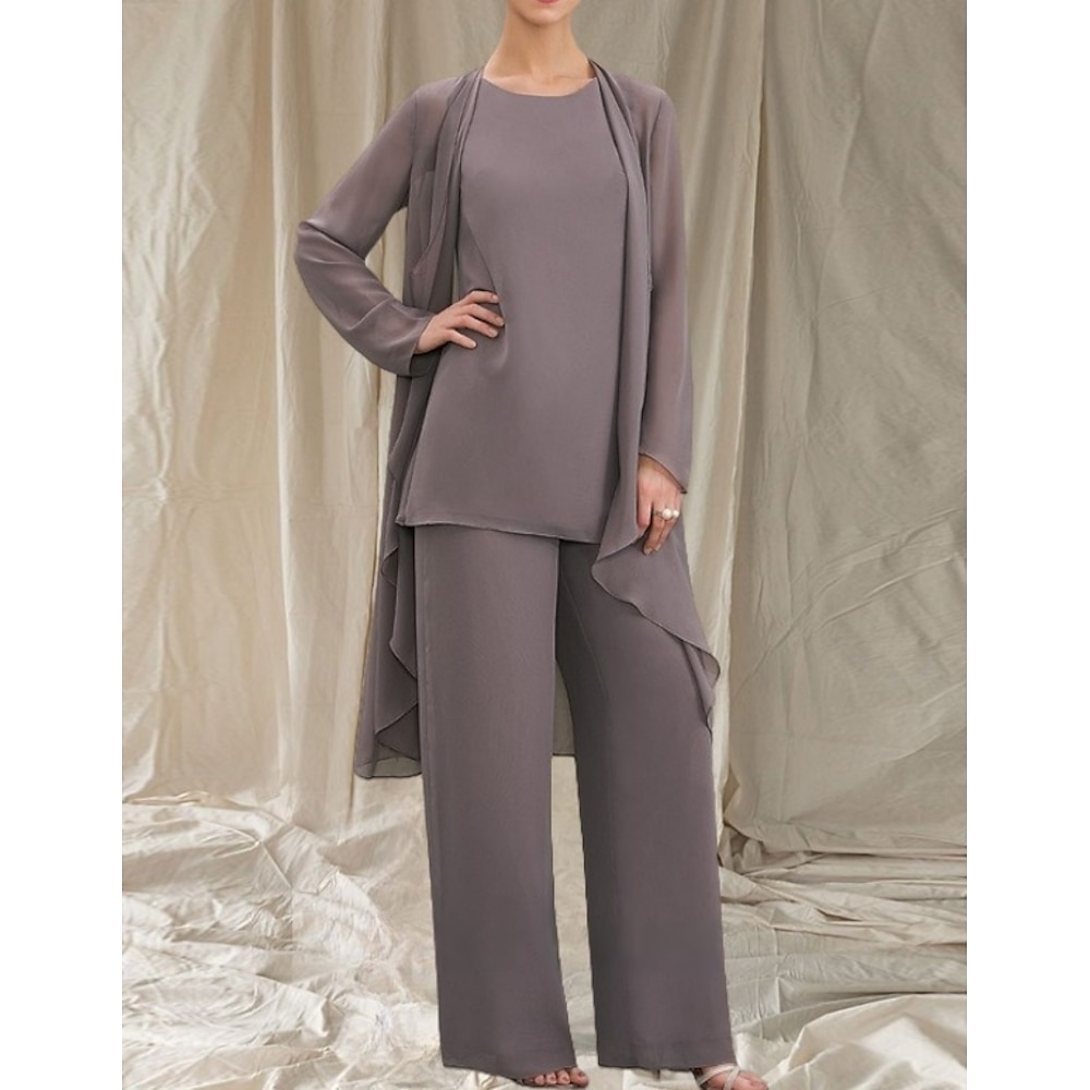 Overall / Hosenanzug Dreiteilig Brautmutterkleid Hochzeitsgast Elegant Rundhalsausschnitt Bodenlang Chiffon Langarm mit Rüschen 2025 Lightinthebox