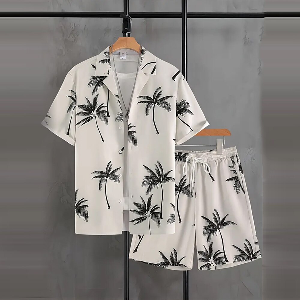 Herren Sommer Kokospalme 2St Hemden-Sets Hemd Kurzarm Kurze Hosen Kubanisches Halsband Urlaub Lässig Täglich Strandurlaub 3D-Druck Weiß Lightinthebox