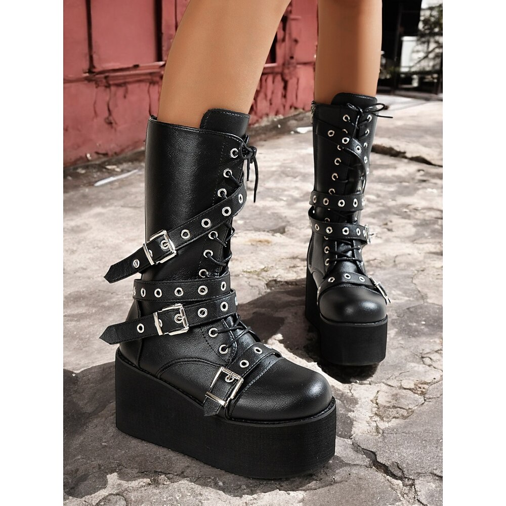 Gothic-Plateau-Kampfstiefel für Damen - schwarze kniehohe Schnürstiefel im 80er-Jahre-Stil mit Schnallenriemen für Punk, Rock und alternative Mode Lightinthebox
