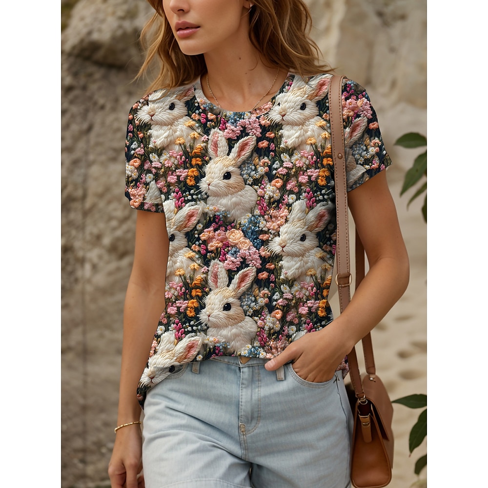 Ostern Damen T Shirt Blumen Grafik Tiermotiv Lässig Kurzarm Rundhals Normale Oberteile Täglich Druck Regenbogen Sommer Lightinthebox
