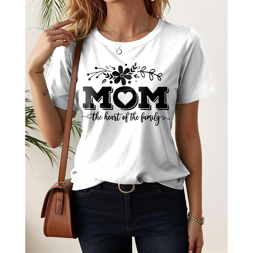 Muttertag Damen T Shirt Grafik Buchstabe Lässig Kurzarm Rundhals Normale Oberteile Täglich Wochenende Druck Weiß Sommer Frühling MOM Lightinthebox