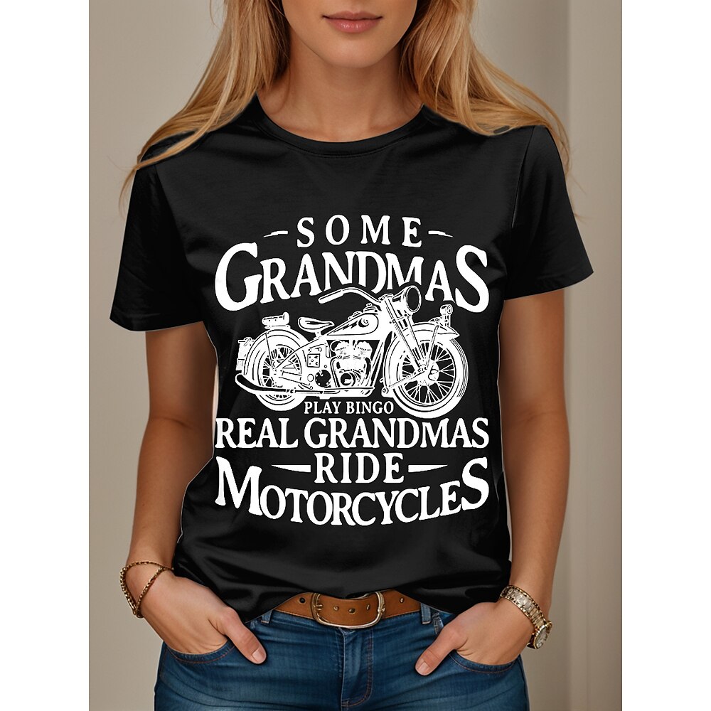 Damen T Shirt Grafik Buchstabe Stilvoll Lässig Kurzarm Rundhals Normale Oberteile Täglich Wochenende Druck Schwarz Weiß Rosa Blau Purpur Sommer Frühling Grandmas Motorcycle Lightinthebox