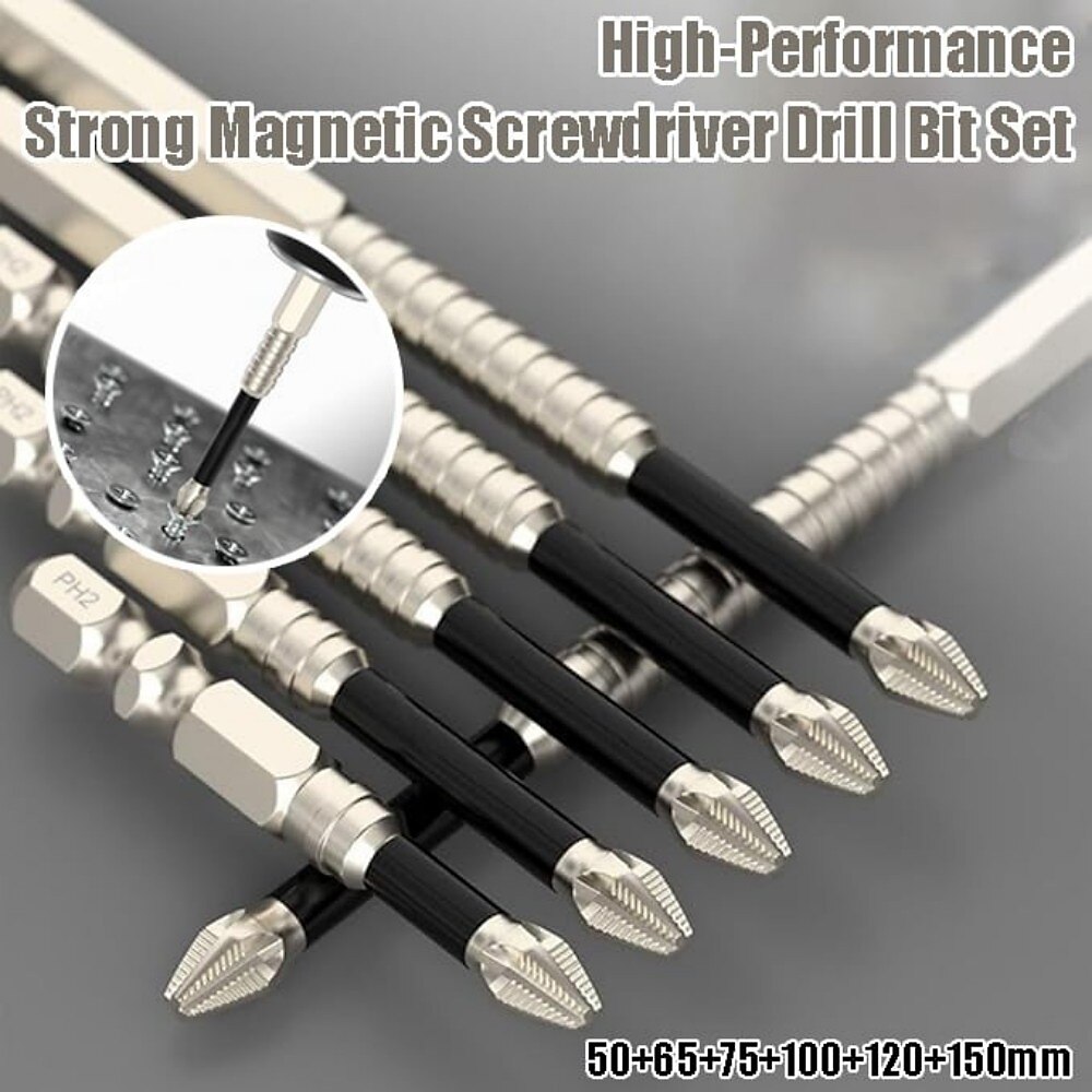 6-teiliges Set mit hochmagnetischem Schraubendreher-Bohrer-Set, rutschfeste Kreuzschlitz-Bits, hochfeste PH2-Bits aus S2-Material für präzises Schrauben Lightinthebox