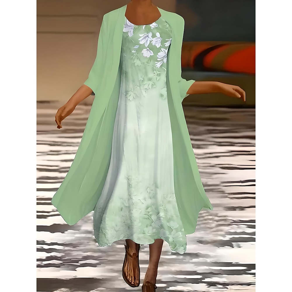 Damen Kleid-Set Sommerkleid Urlaub Lässig Ombre Blumen Druck Maxikleid Dreiviertelarm Rundhalsausschnitt Hochzeitsgast Geburtstag Hellgrün Blau Grün Sommer Frühling Normale Passform Lightinthebox